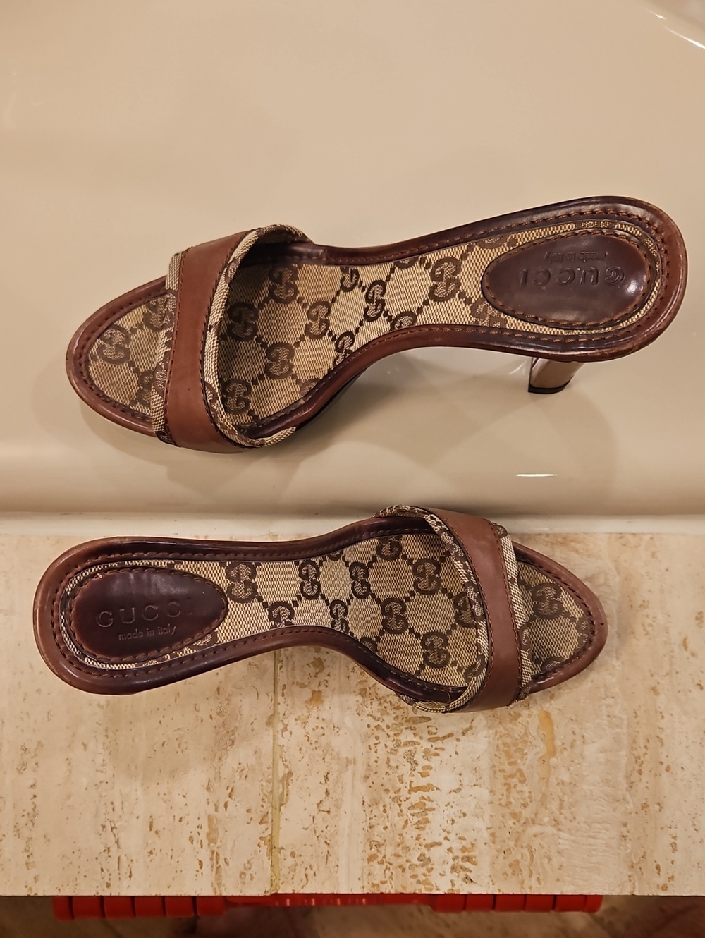 Gucci Brown GG Canvas Slide Mules with Leather Trim